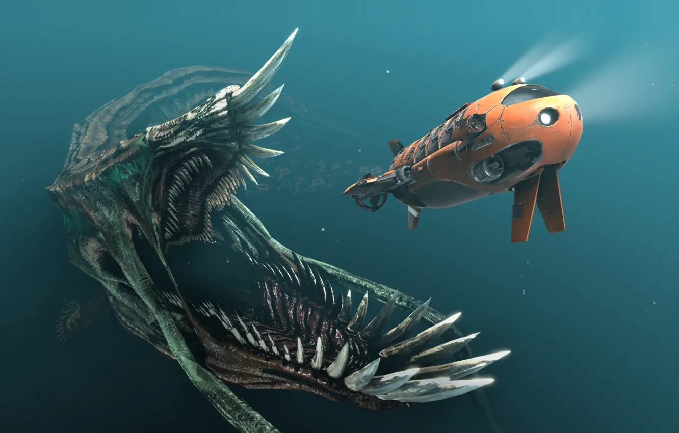 Photo wallpaper ship, monster, chase, art, mouth, lights, submarine, fangs