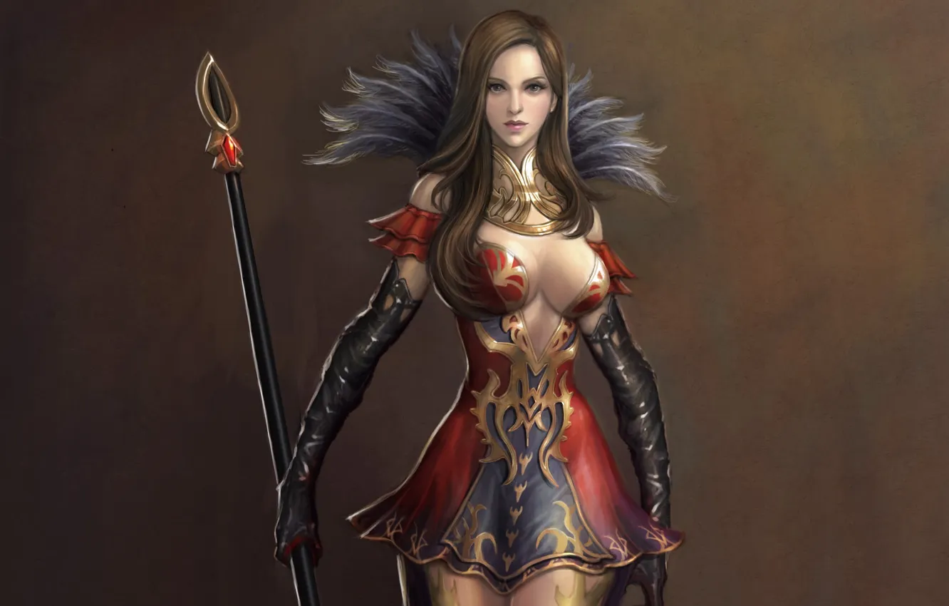 Photo wallpaper girl, weapons, background, feathers, art