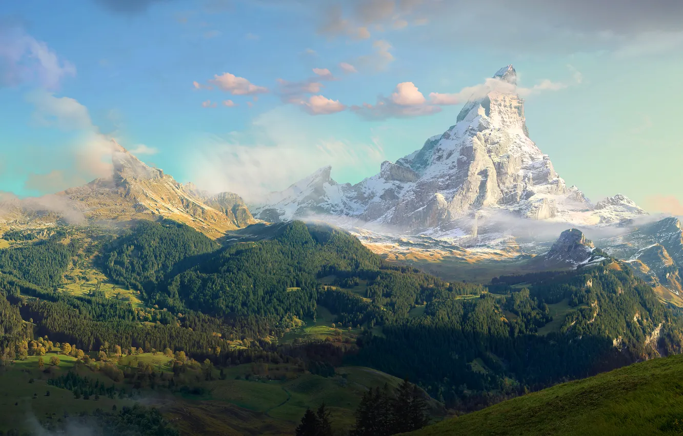 Photo wallpaper road, the sky, clouds, snow, mountains, panorama