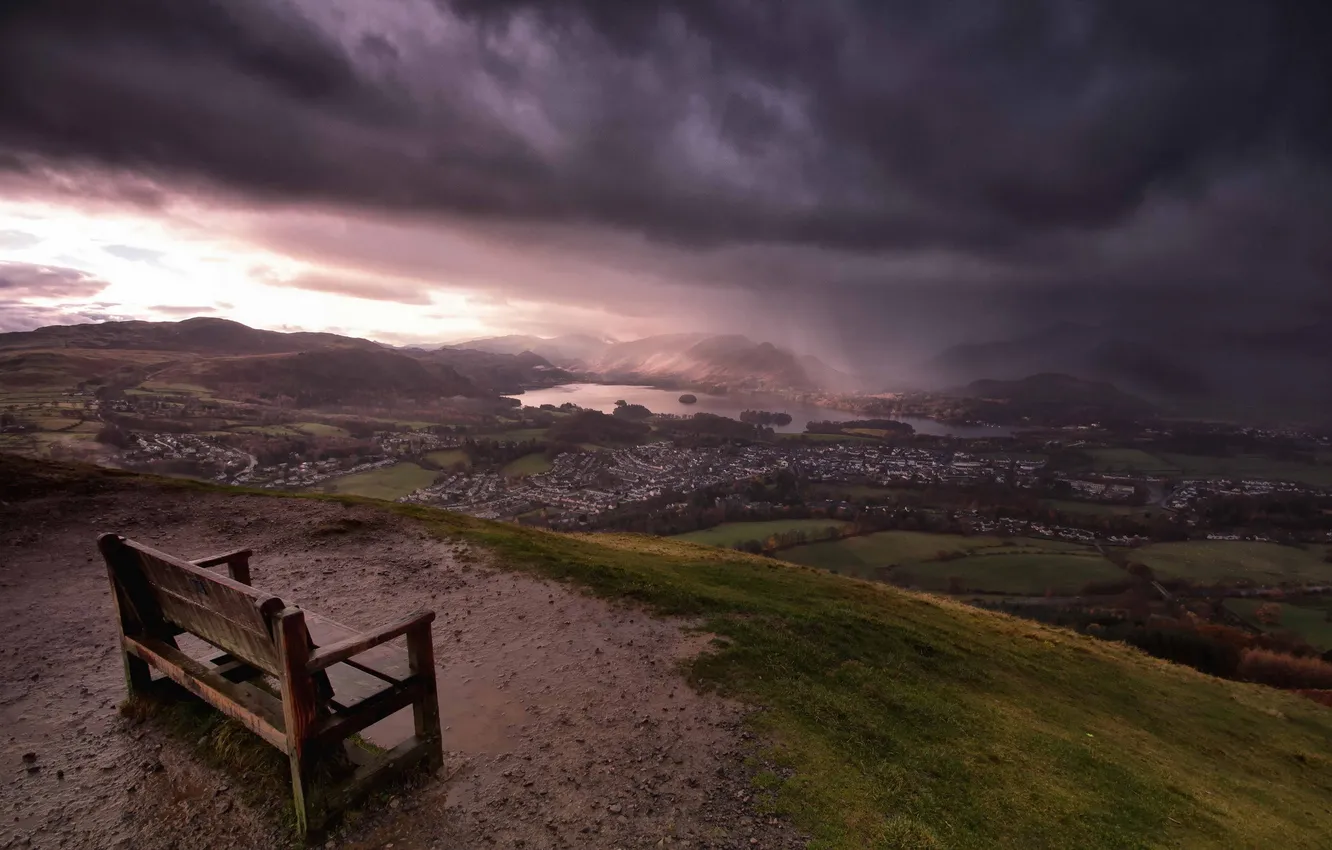 Photo wallpaper landscape, clouds, bench