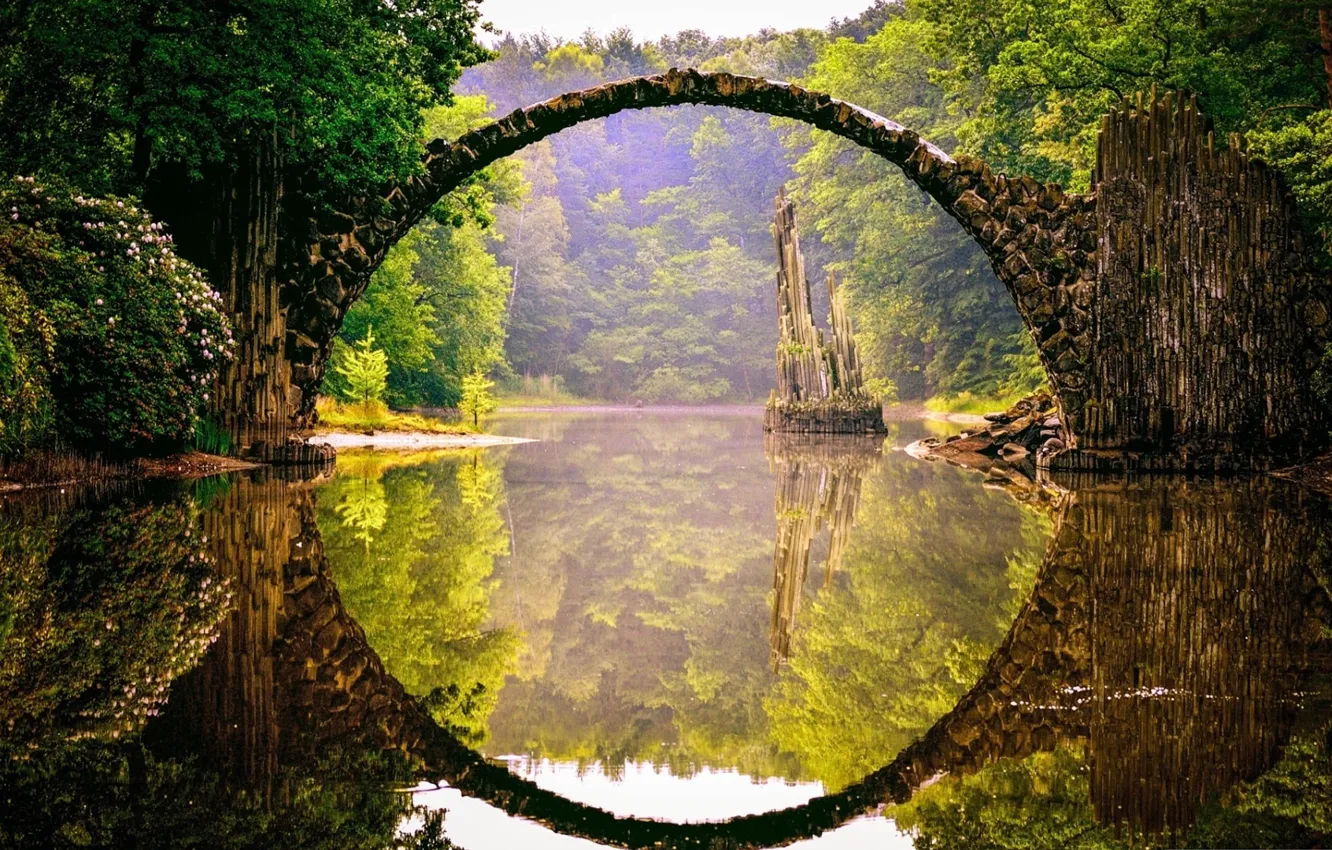 Photo wallpaper green, forest, river, trees, landscape, Bridge, nature, water
