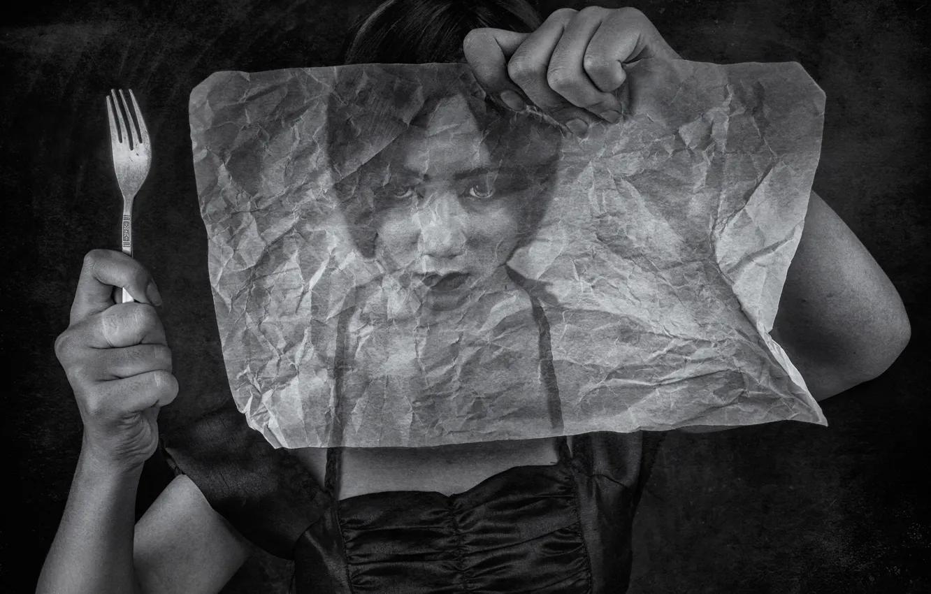 Photo wallpaper girl, paper, plug, tracing