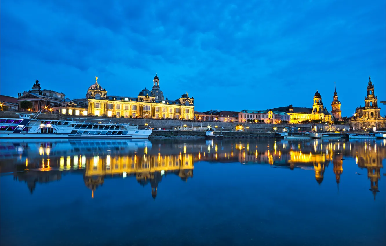 Photo wallpaper reflection, river, building, Germany, Dresden, pier, Church, night city