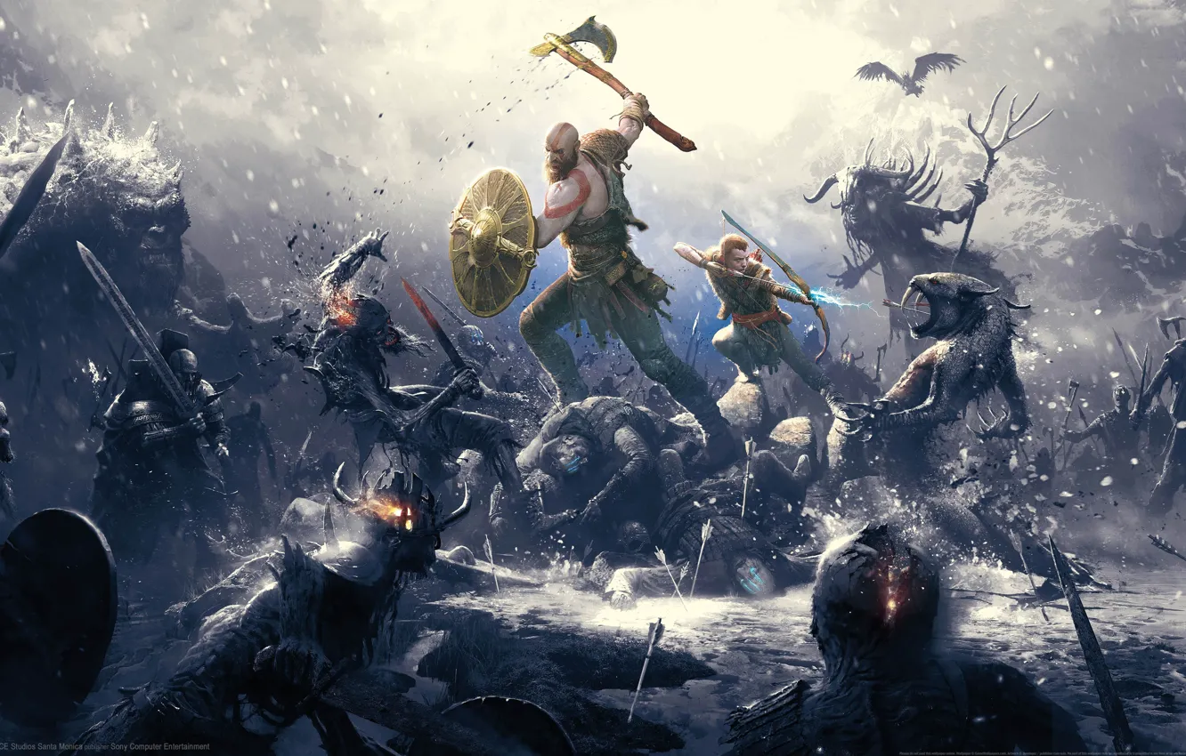 Photo wallpaper sword, Sony, Ragnarok, weapon, Kratos, God of War, snow, blow