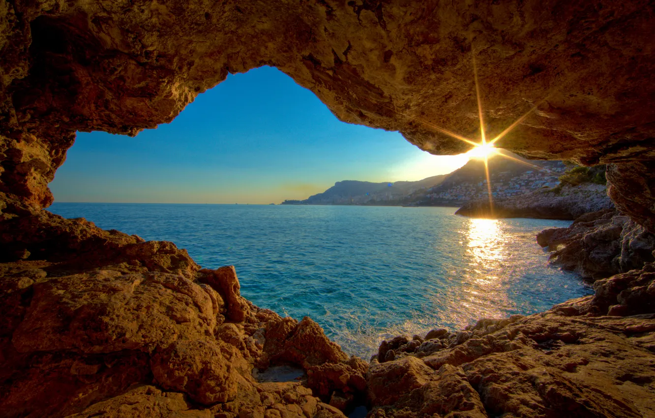 Photo wallpaper sea, sunset, stones, hole