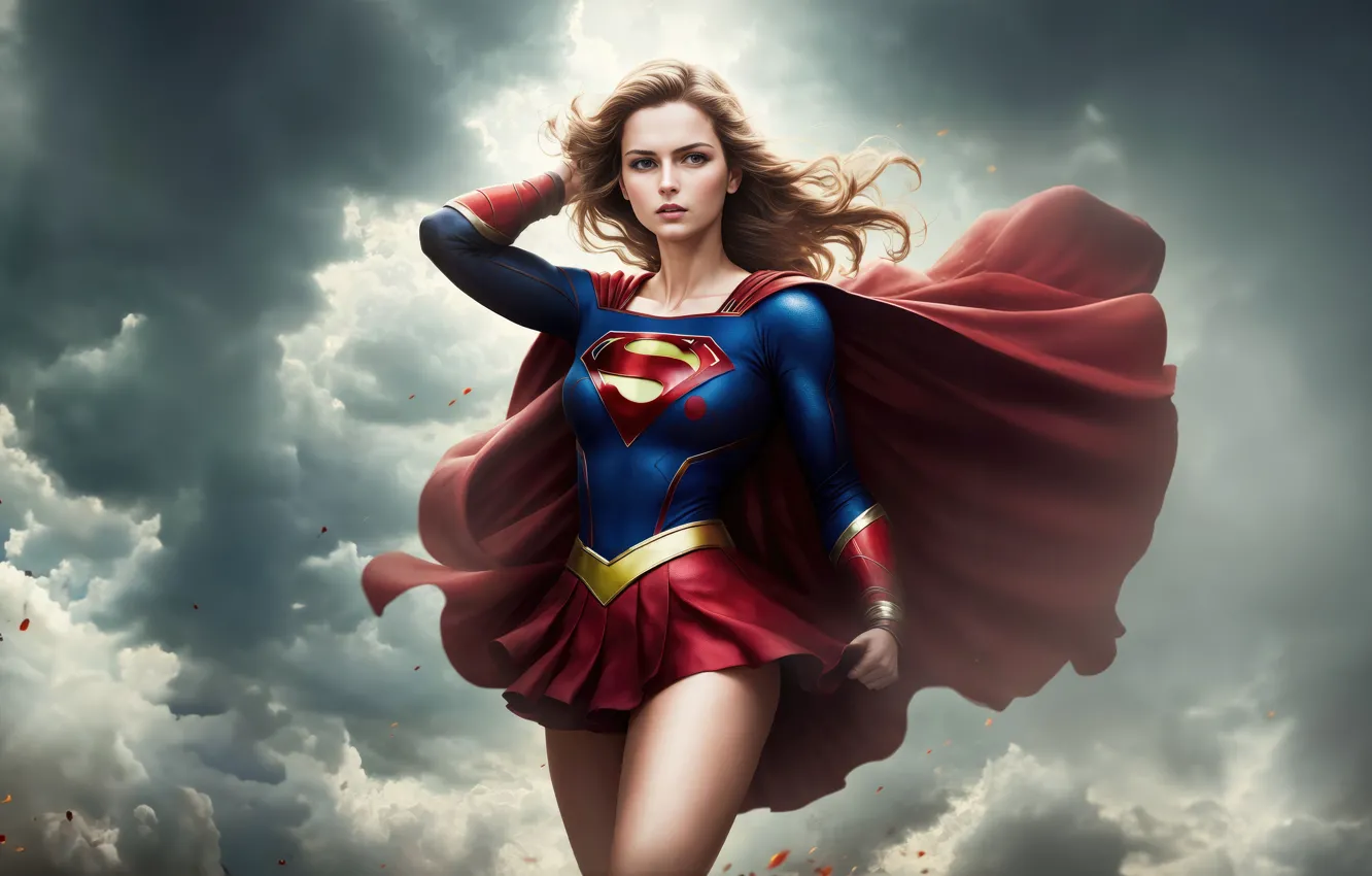 Photo wallpaper look, clouds, pose, gesture, beautiful girl, clouds, look, beautiful girl