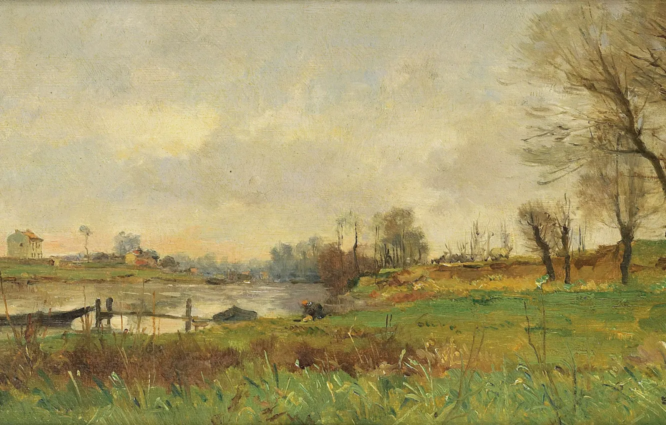 Photo wallpaper landscape, boat, 1881, Pierre Emmanuel Lady, The Isle of Saint-Ouen, Pierre-Emmanuel Damoye