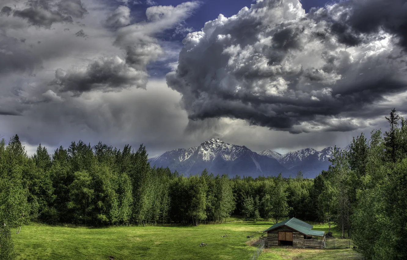Photo wallpaper forest, clouds, mountains, glade, the barn, Alaska, Pioneer Peak, Fugaccia mountains