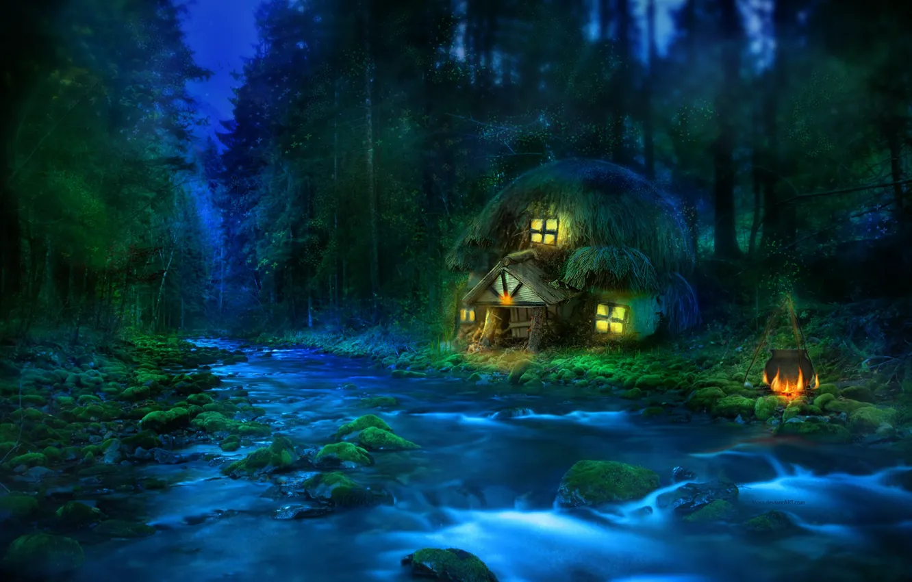 Photo wallpaper forest, river, house, ear