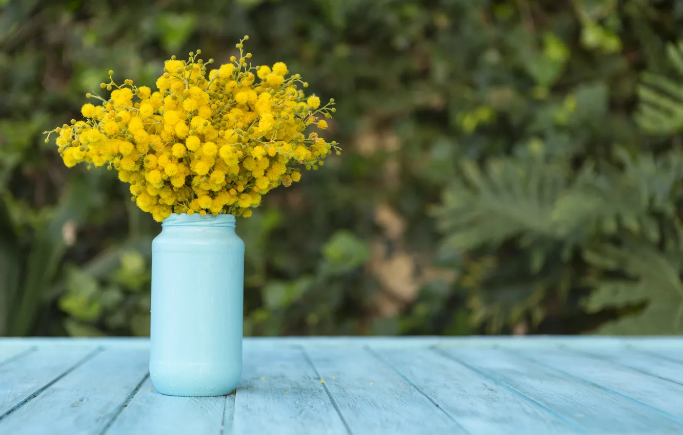 Photo wallpaper wood, blue, flowers, vase