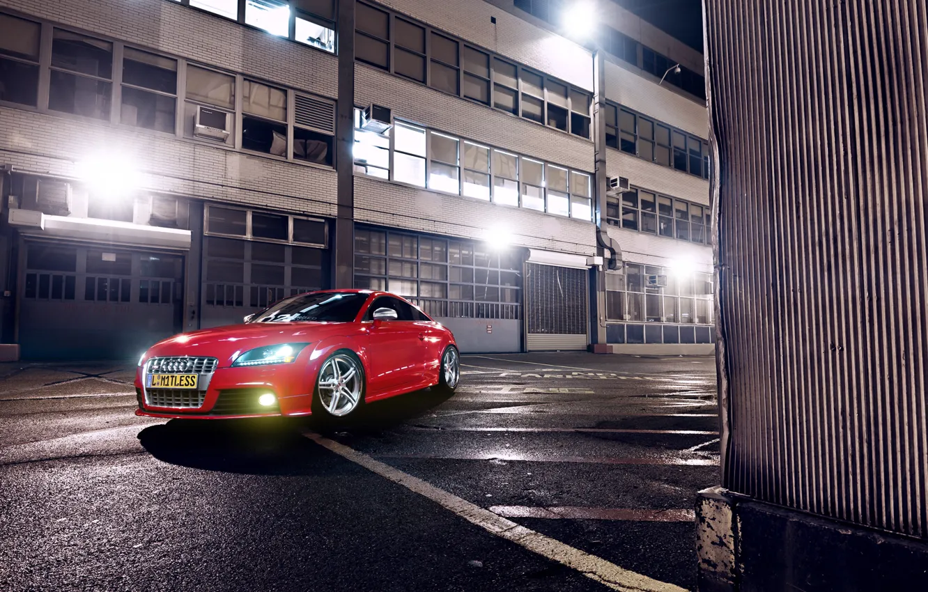 Photo wallpaper Audi, Red, Glow, Lights, Night, Tuning, Wheels, Garage