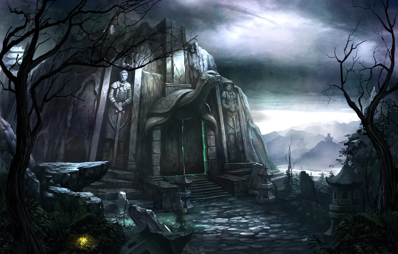 Photo wallpaper road, mountains, lake, turtle, temple