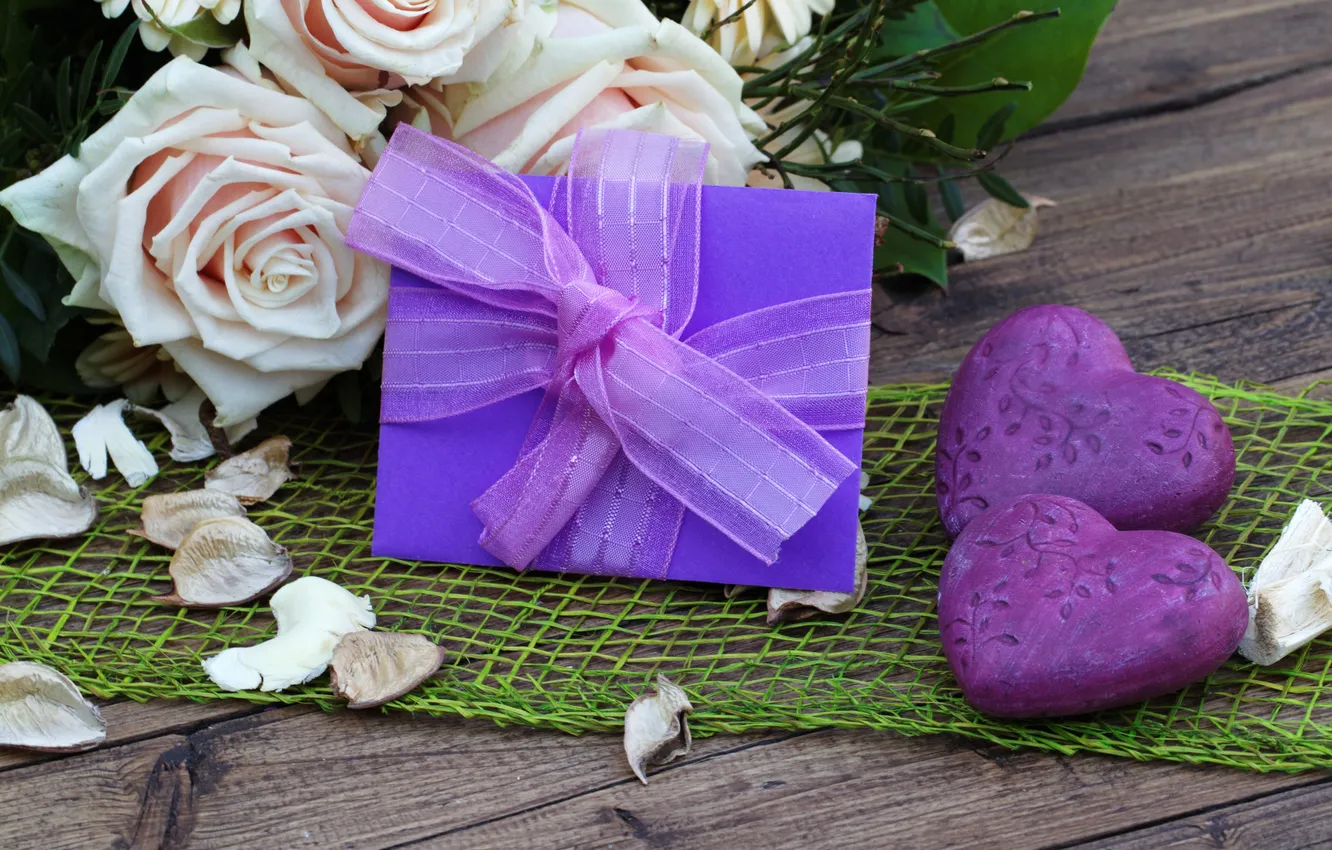 Photo wallpaper purple, flowers, roses, bouquet, petals, hearts, postcard
