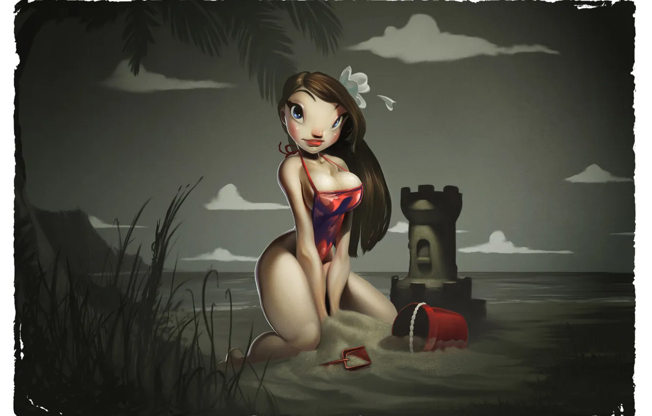 Photo wallpaper sand, beach, swimsuit, girl, flowers, castle, hair, Hawaii