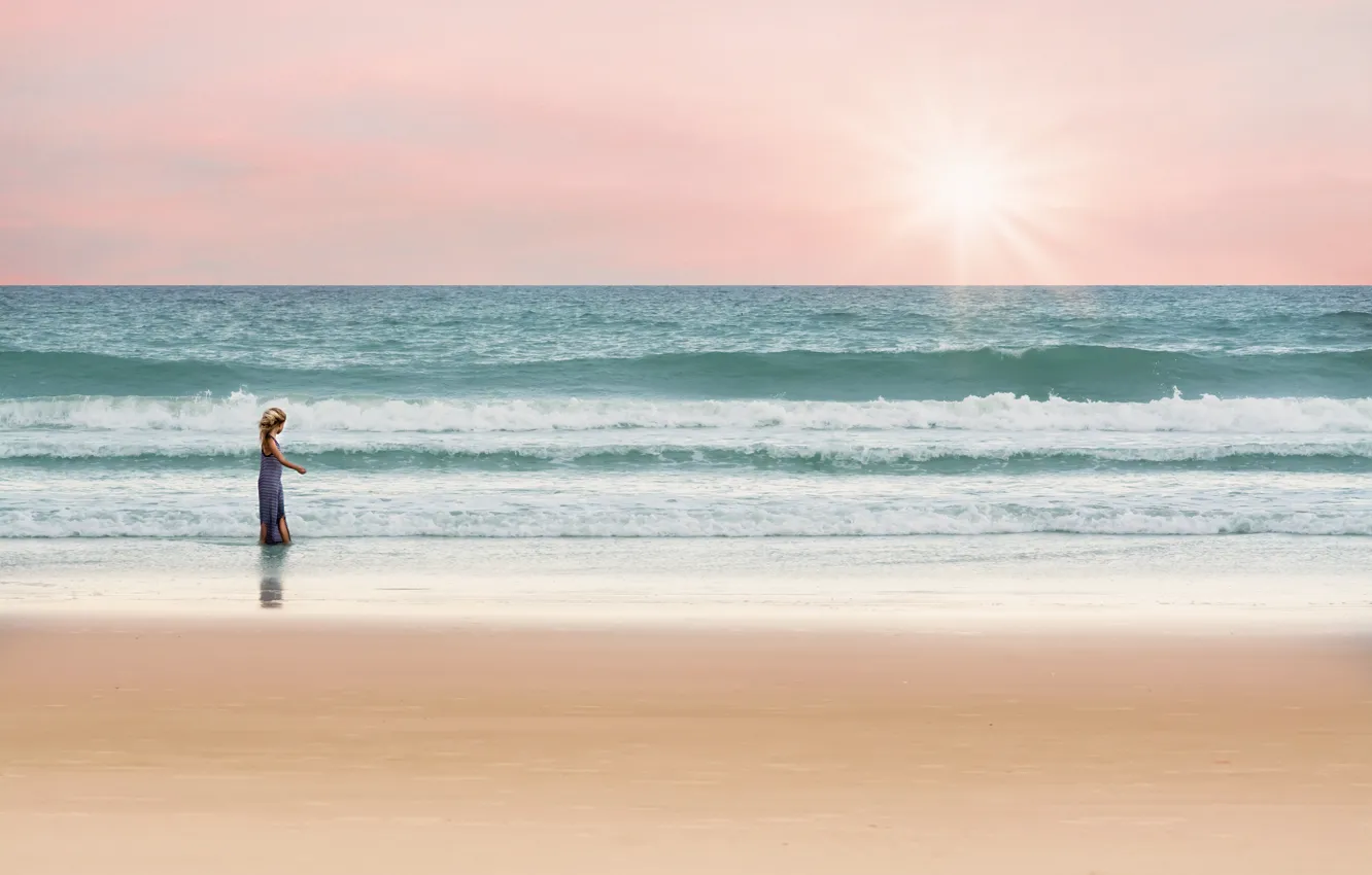 Photo wallpaper sand, sea, wave, beach, the sun, light, dawn, shore