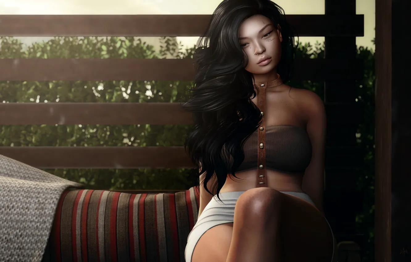 Photo wallpaper summer, girl, face, hair, figure, brunette, sitting