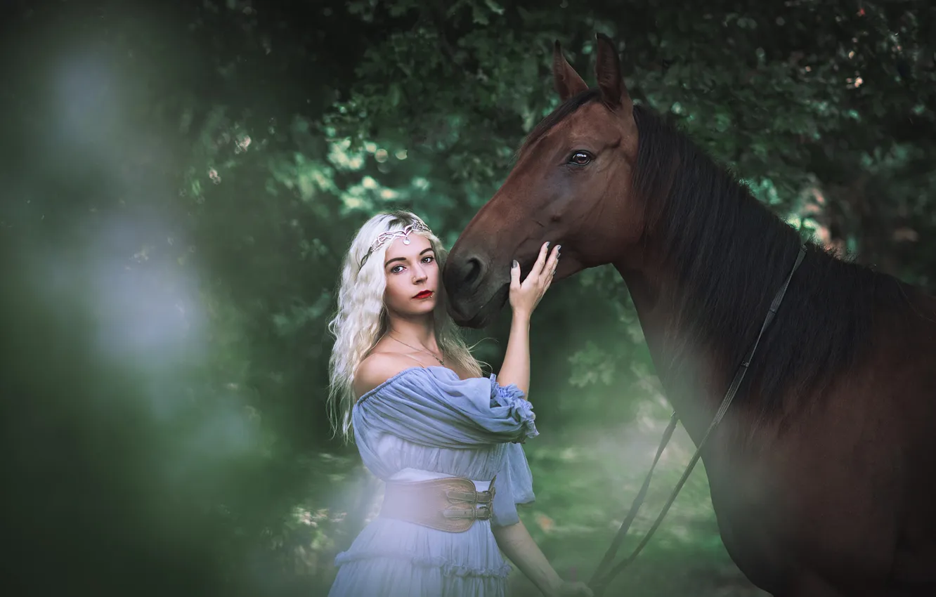 Photo wallpaper greens, girl, branches, nature, style, Park, each, horse