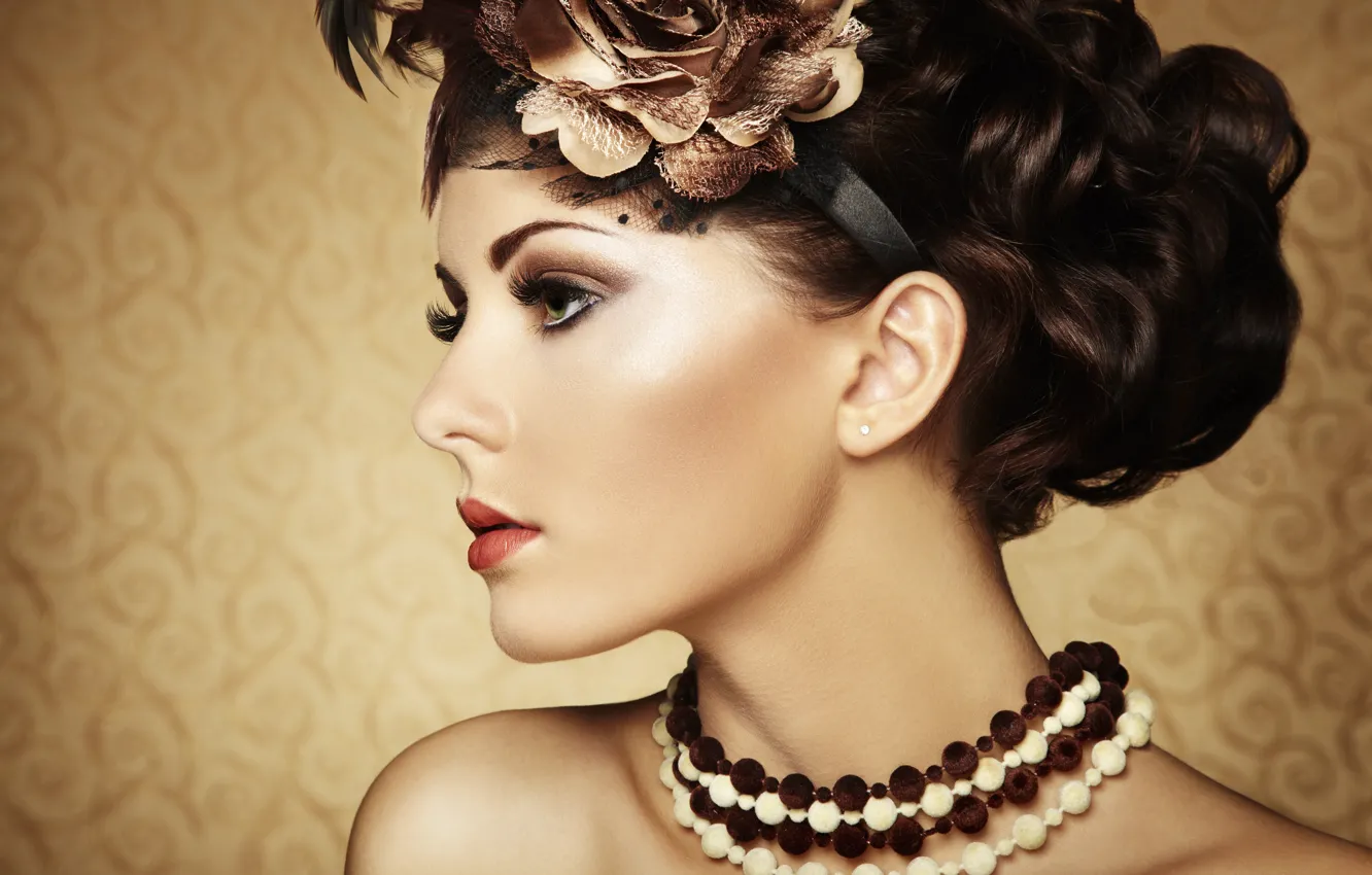 Photo wallpaper girl, background, hair, makeup, beads, profile, decoration, curls