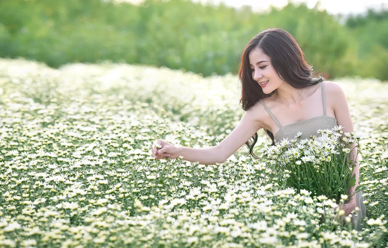 Photo wallpaper field, girl, flowers, smile