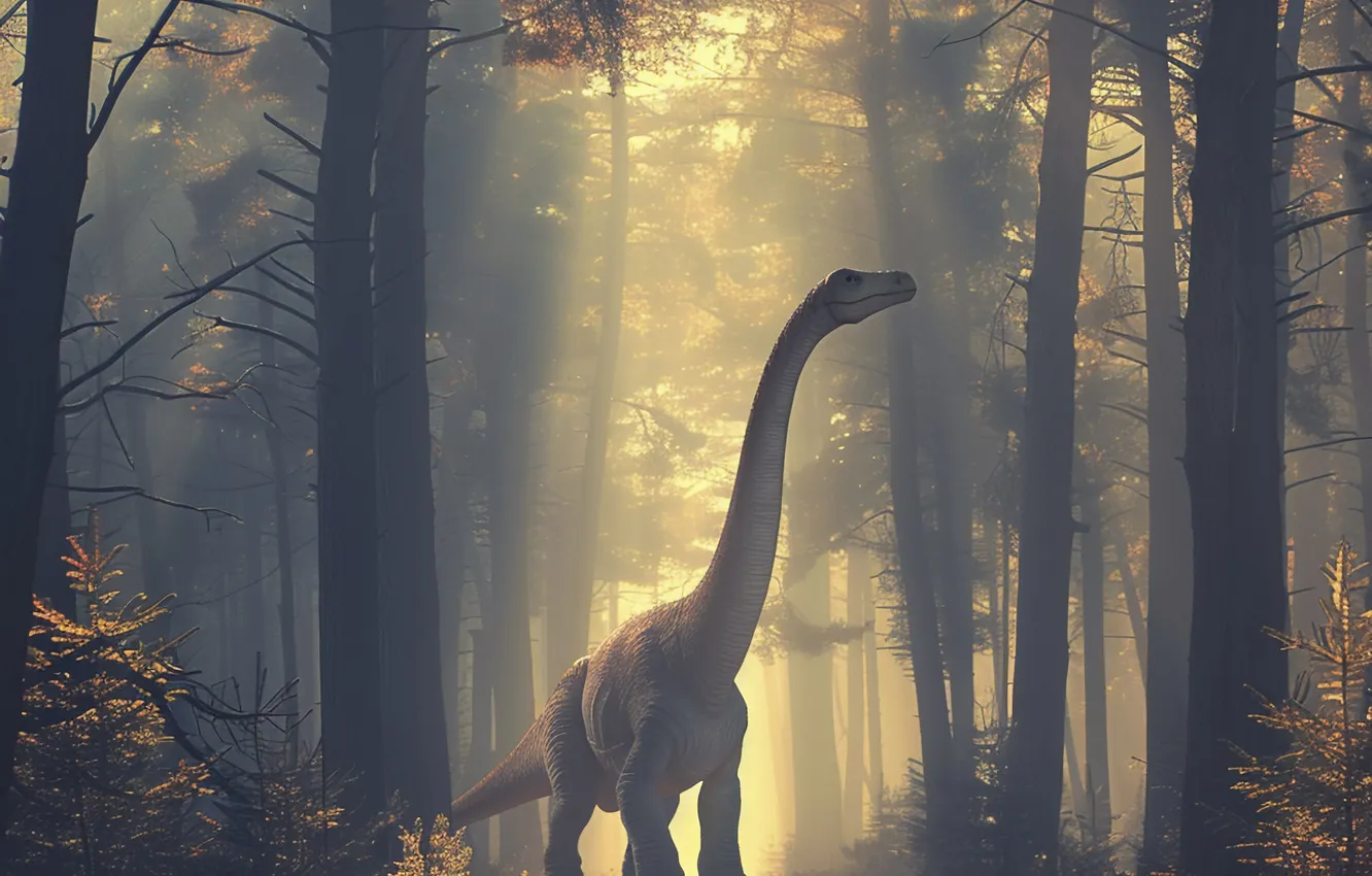 Photo wallpaper trees, animal, dinosaur, neck, digital art, Ancient animals, Extinct animals, Prehistoric