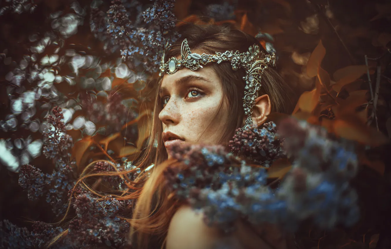 Photo wallpaper look, leaves, girl, flowers, face, pose, style, elf