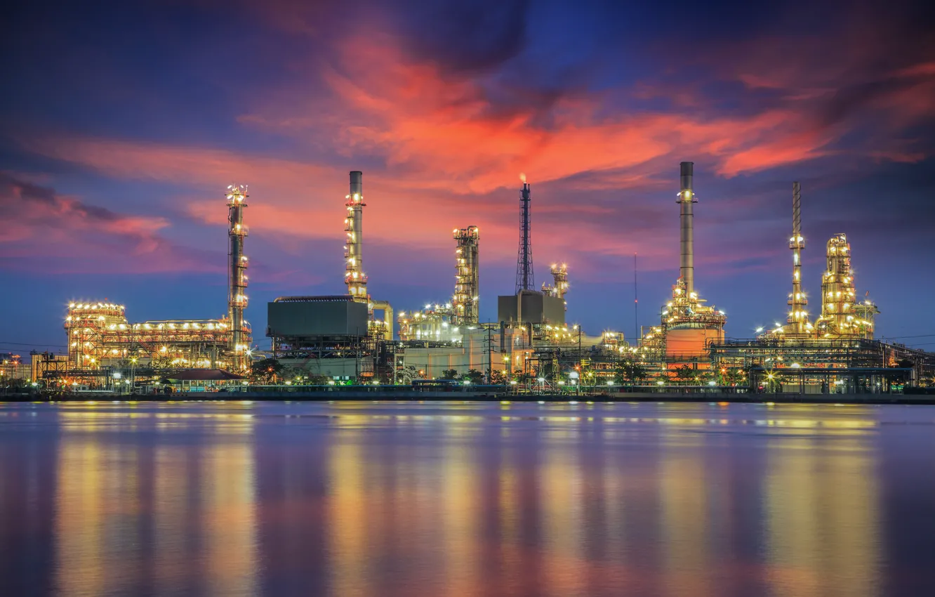 Photo wallpaper the sky, reflection, Bangkok, oil refinery plant, Refinery