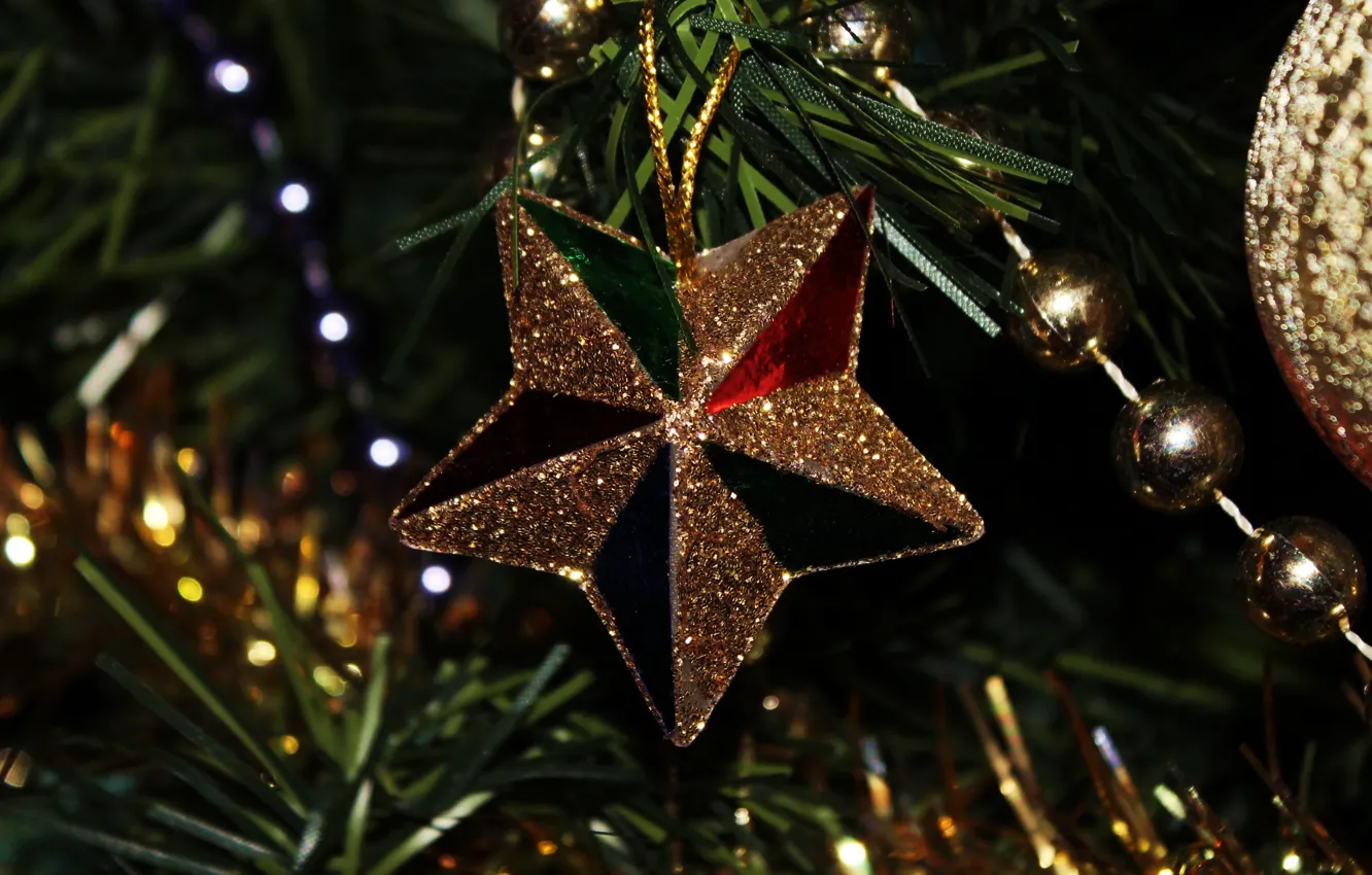 Photo wallpaper holiday, toy, star, new year, Christmas, tree, garland