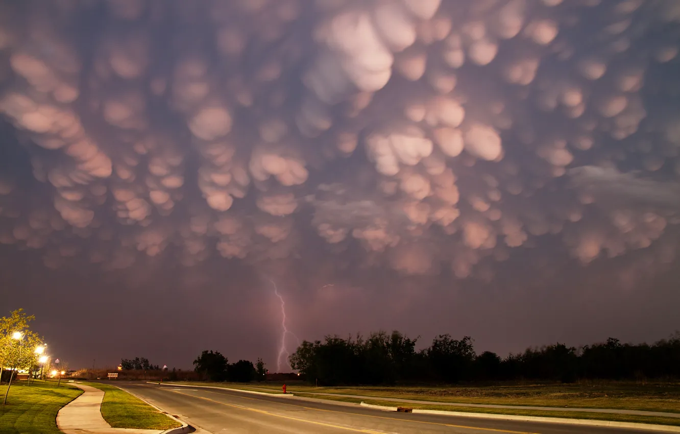 Photo wallpaper road, the storm, trees, lightning, home, the evening, Cumulus, storm clouds