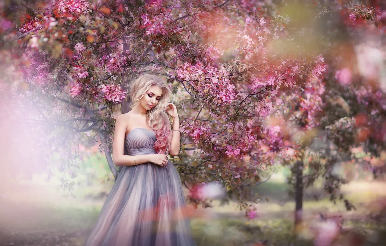 Photo wallpaper girl, trees, nature, garden, dress, blonde, flowering, curls