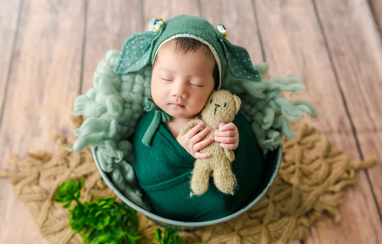 Photo wallpaper pose, background, elf, toy, child, sleep, baby, bear