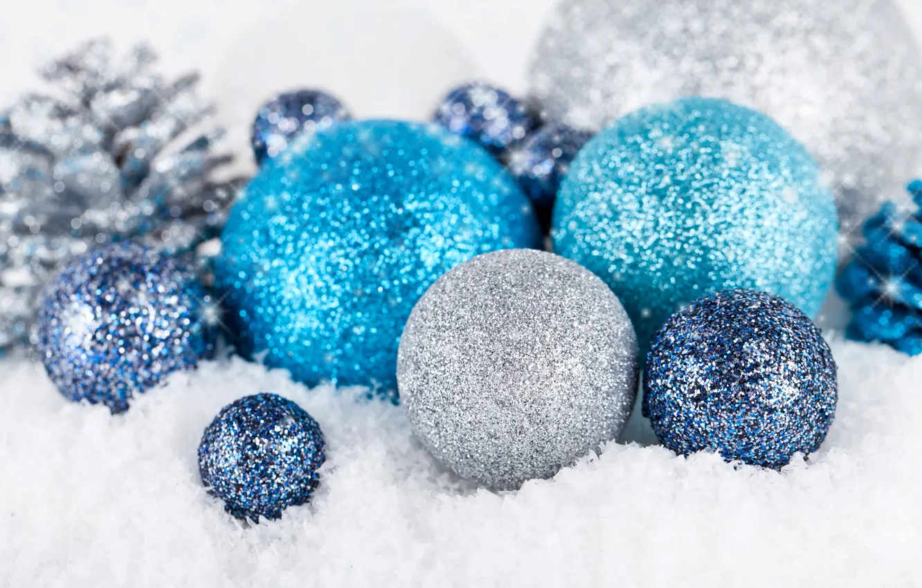 Photo wallpaper winter, balls, snow, balls, toys, New Year, Christmas, blue