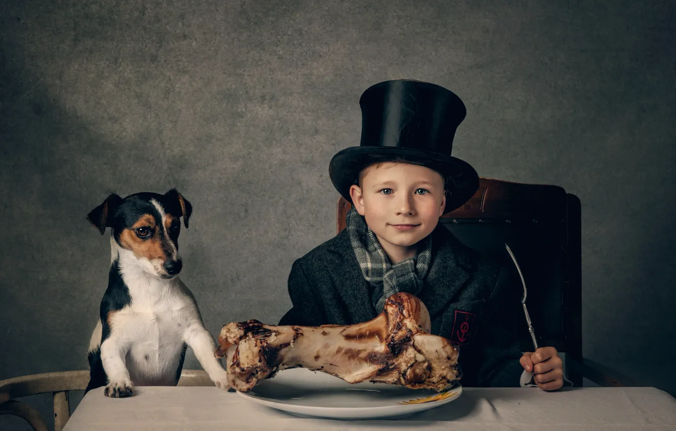 Photo wallpaper table, bone, guy, dog, lunch, The dinner