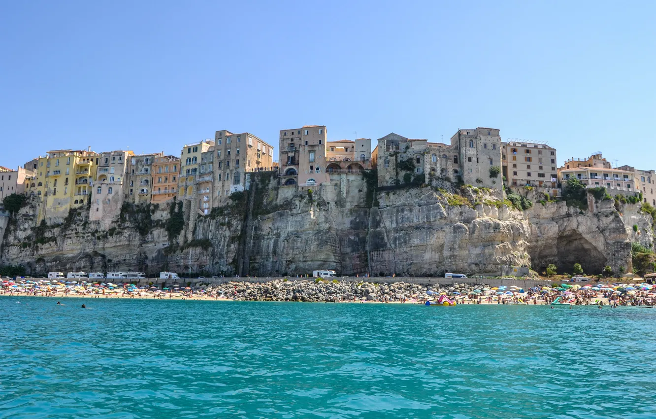 Photo wallpaper sea, beach, rocks, home, Italy, Tropea, Calabria