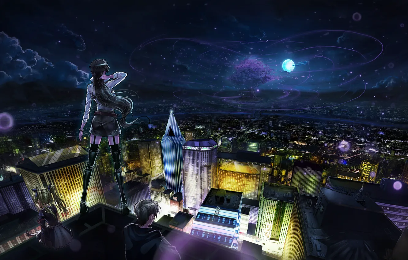 Photo wallpaper the sky, stars, clouds, night, the city, girls, the moon, home