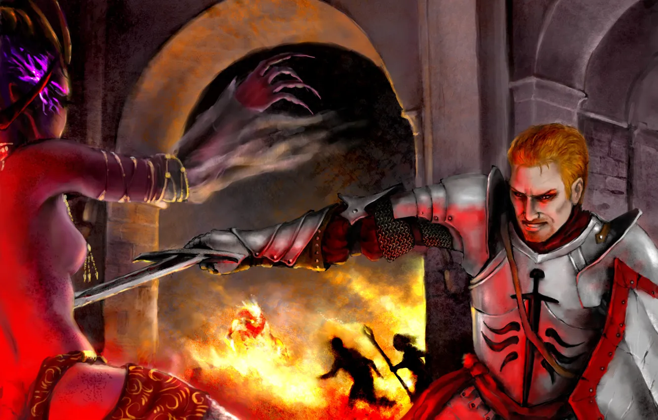 Photo wallpaper lights, tower, the demon, warrior, art, battle, demoness, Origins