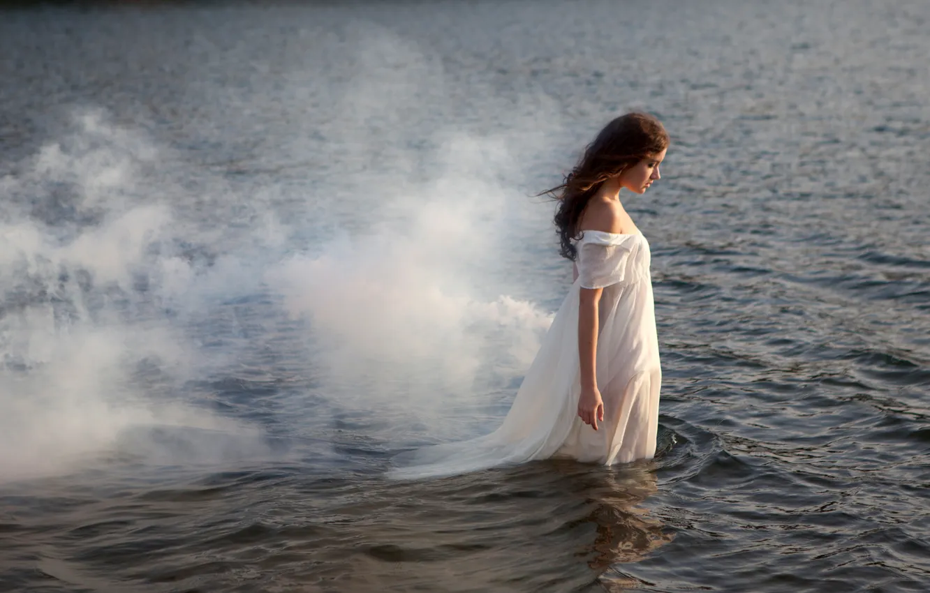 Photo wallpaper water, girl, smoke, dress, brown hair