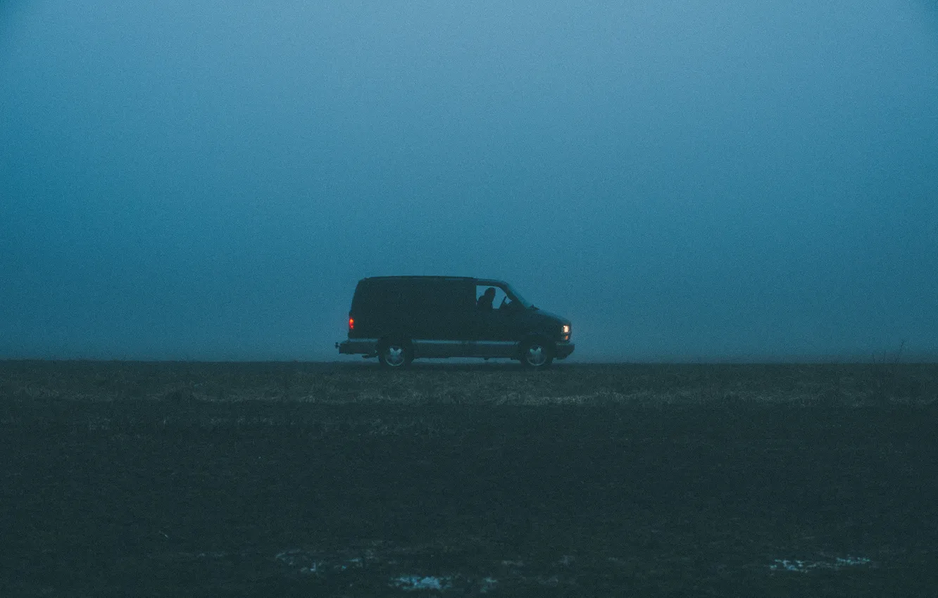Photo wallpaper road, field, the sky, fog, driver, van
