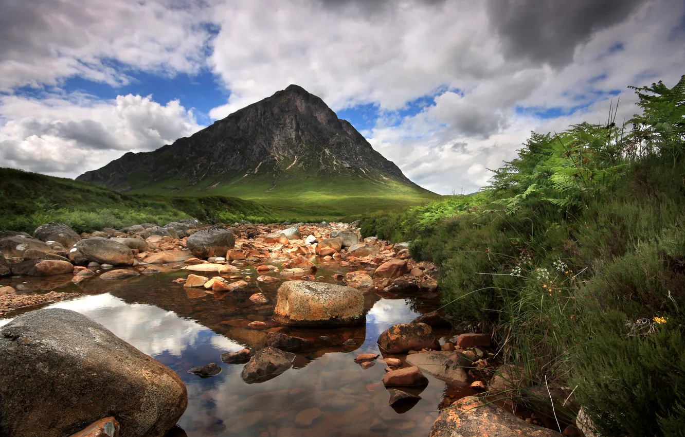 Photo wallpaper mountains, river, stones
