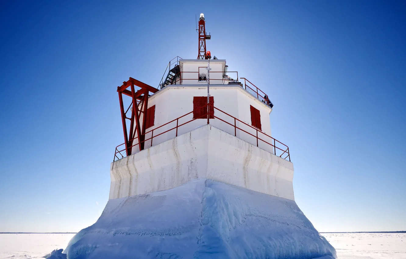 Photo wallpaper ice, winter, the sky, snow, lighthouse, Michigan, USA, Gros Cap Reef