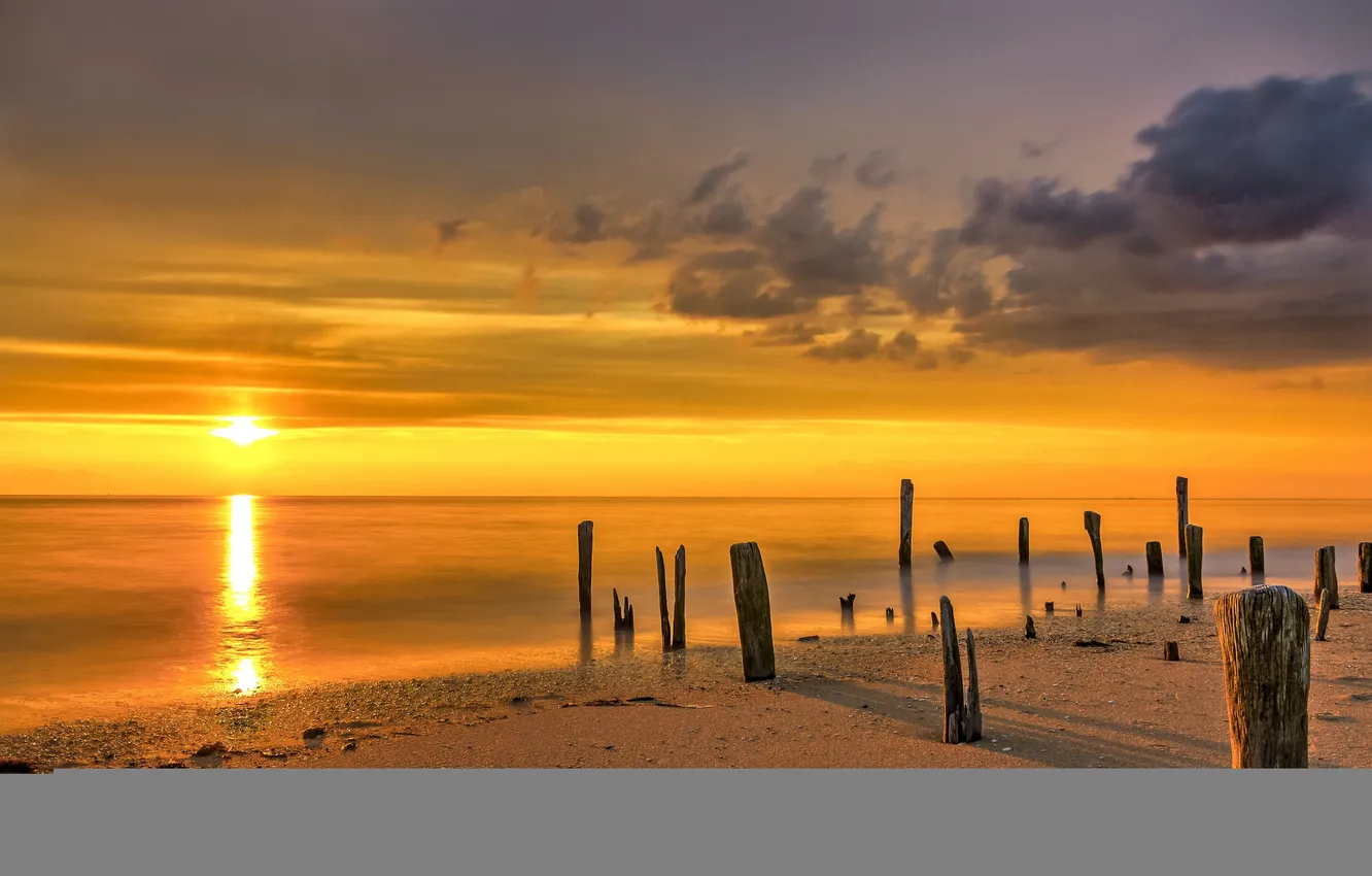 Photo wallpaper sea, beach, clouds, sunrise, shadow, horizon, yellow sky