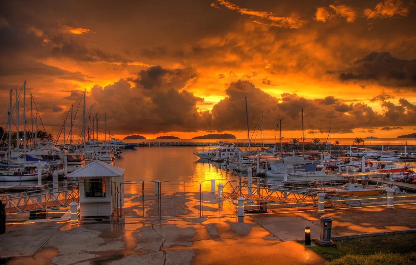 Photo wallpaper sea, clouds, sunset, clouds, boats, pier, boats.
