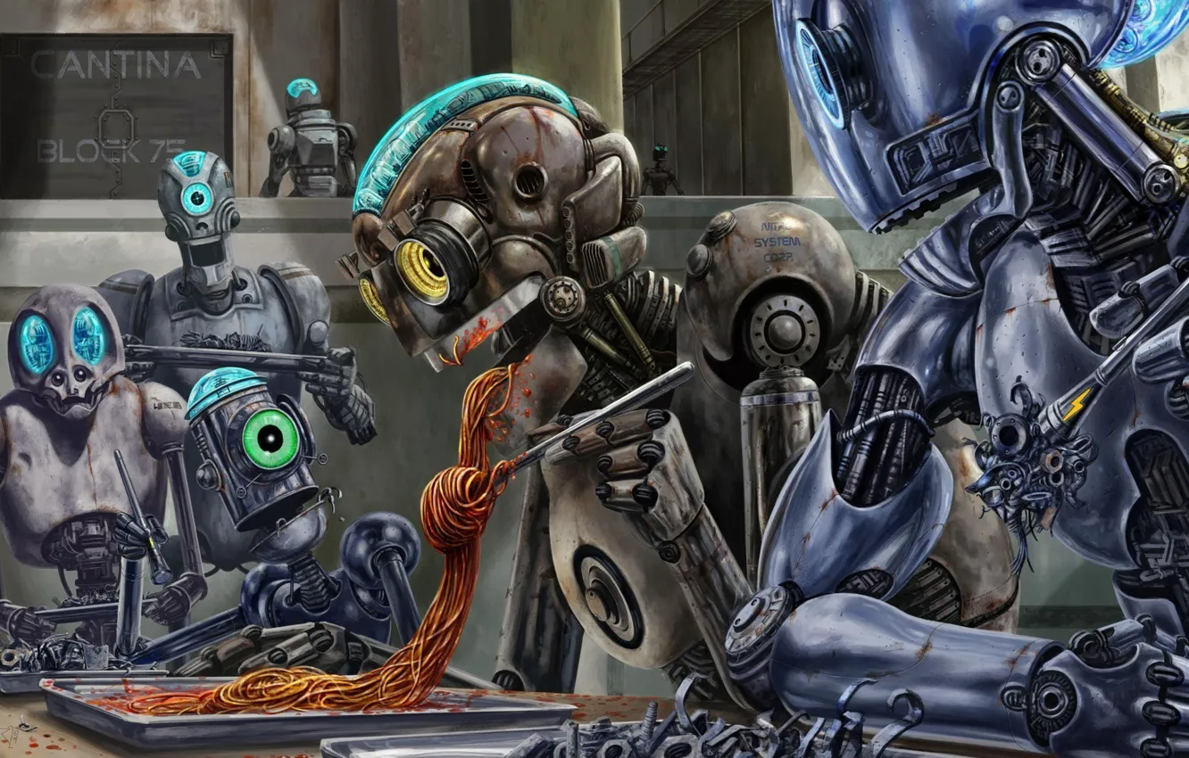 Photo wallpaper food, robots, threat, Bernard Bittler, spaghetti, sauce