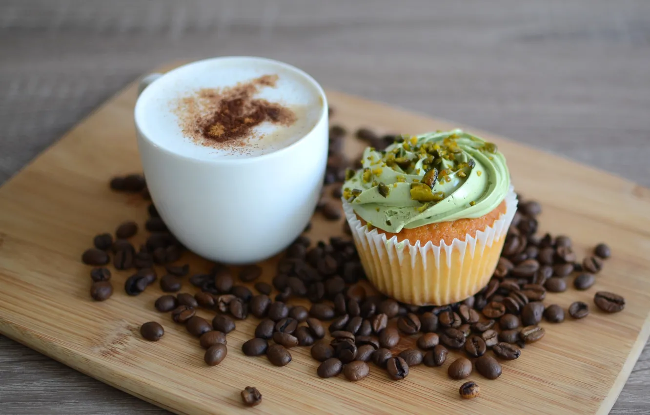 Photo wallpaper Cup, cream, coffee beans, cakes, cupcake, coffe, cappuccino