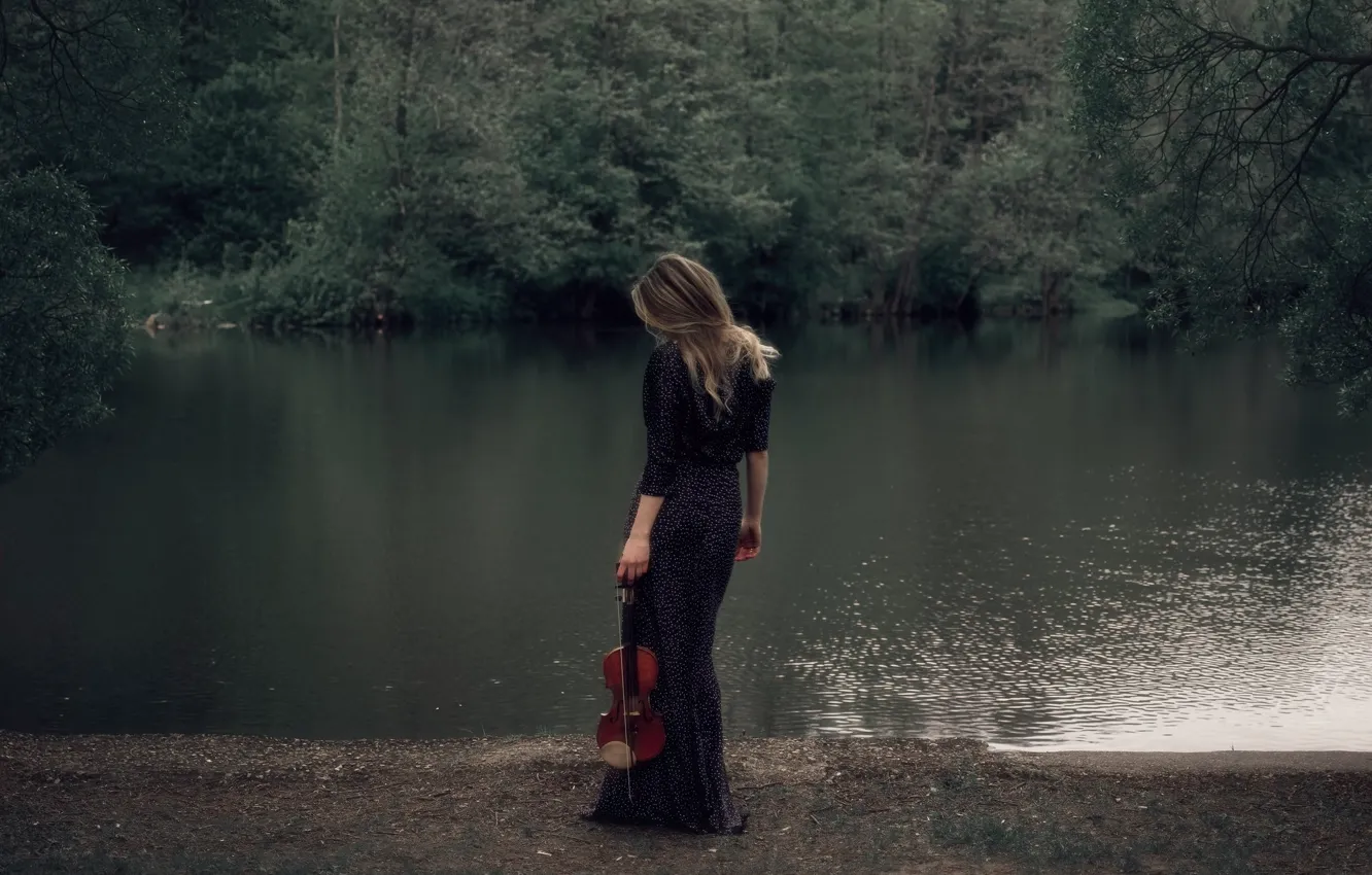 Photo wallpaper forest, girl, nature, pose, lake, shore, violin, black dress