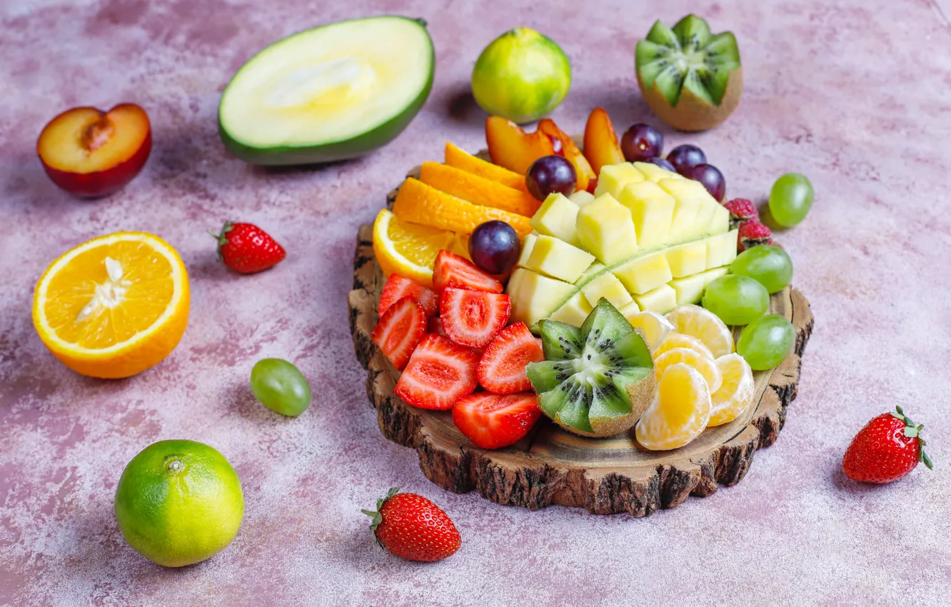 Photo wallpaper berries, orange, kiwi, strawberry, grapes, fruit, mango, tangerines