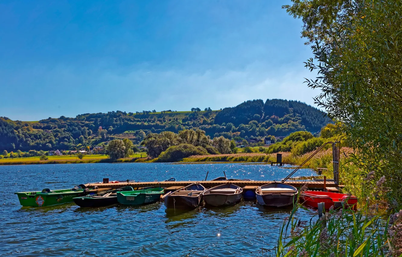Photo wallpaper greens, summer, the sky, the sun, trees, river, hills, boat