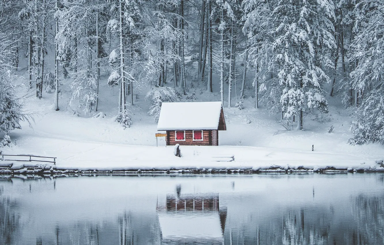 Photo wallpaper House, Frozen, Wood, Winter, Snow, Sea, Cold