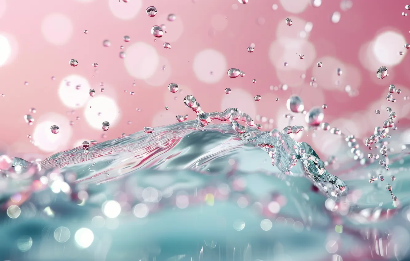 Photo wallpaper wave, water, drops, squirt, splash, texture, pink background, water drops