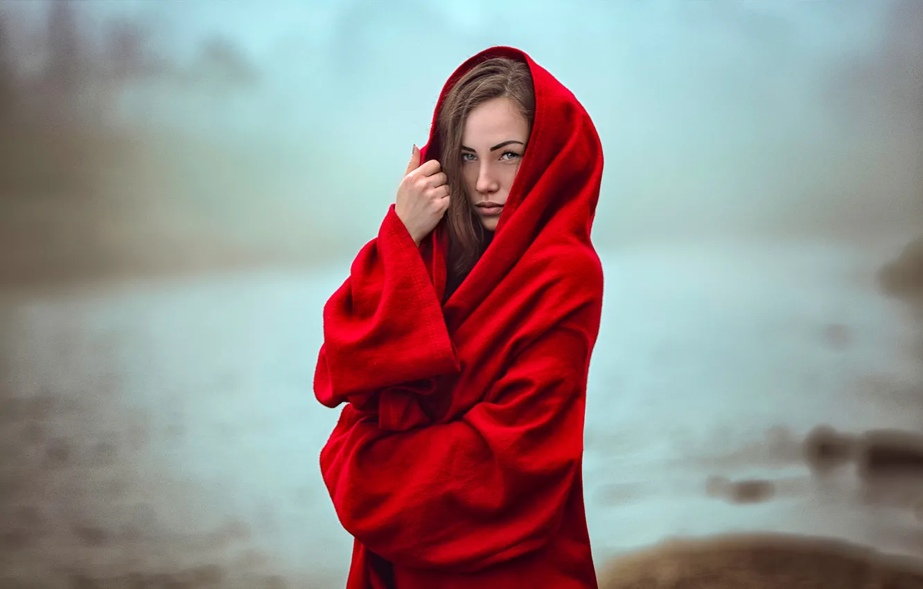 Photo wallpaper fog, bokeh, the girl in the red, Katie Sendza, Mystical