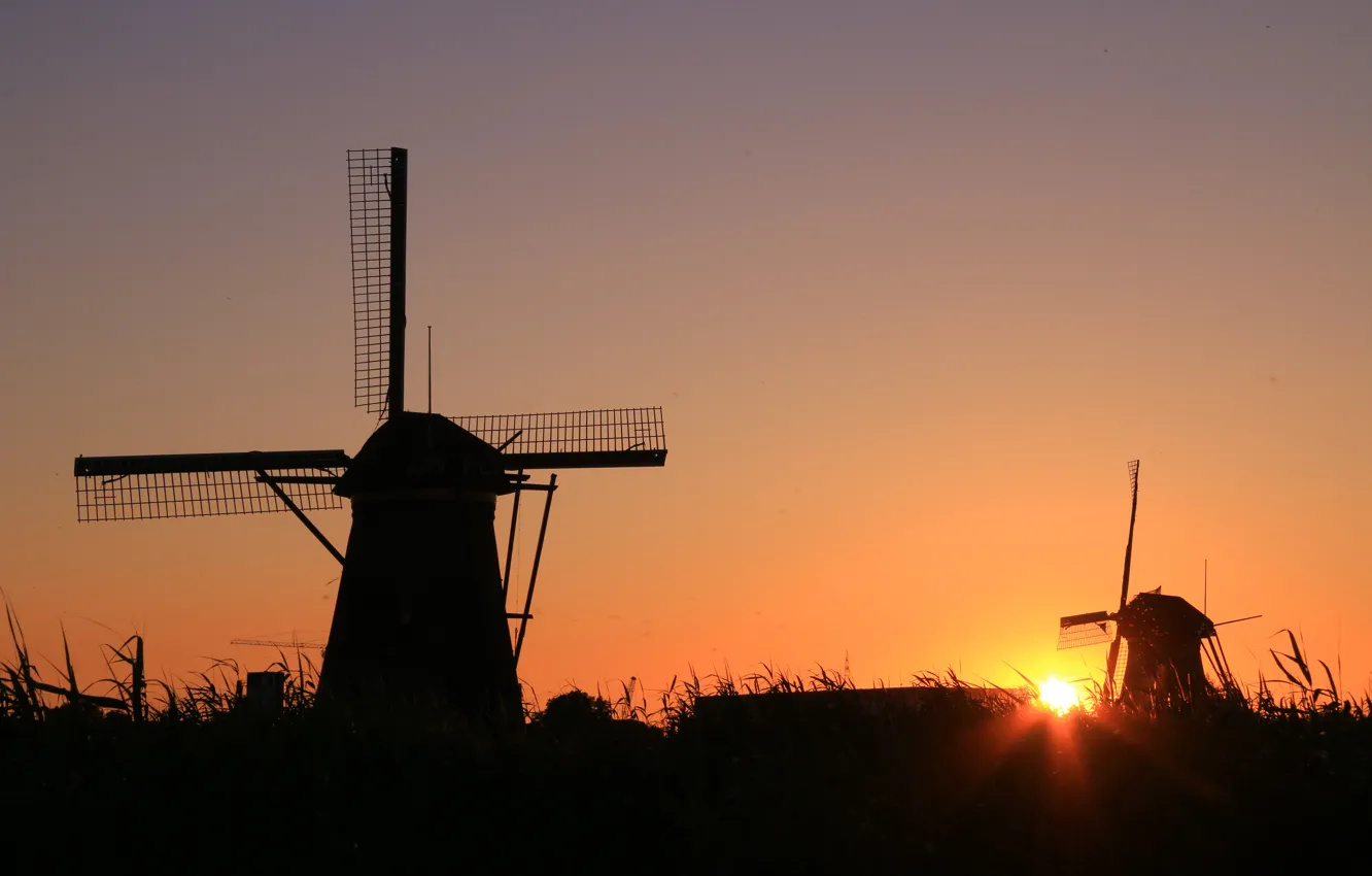 Photo wallpaper sunset, silhouette, Netherlands, windmill, Kinderdijk